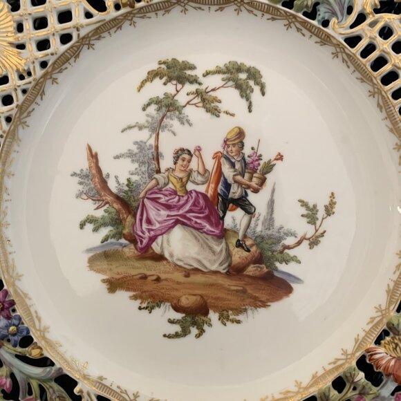 Helena Wolfsohn Reticulated Plate 8.5" Watteau Couple Scene Dresden Germany 7 - Picture 2 of 7
